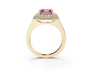 Fancy Pink Asscher Cut Diamond Halo Engagement Ring Set in Yellow gold with Solitaire Band and Prong Setting