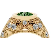 Fancy Green Round Cut Diamond Bezel Ring Set in Yellow gold with Milgrain Accent Band