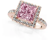 Fancy Pink Princess Cut Diamond Pavé Band Halo Engagement Ring Set in Rose gold with Prong Setting
