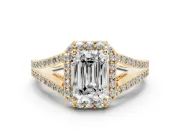 Emerald Cut Halo Engagement Ring Setting | V-Split Pavé Band | Yellow Gold