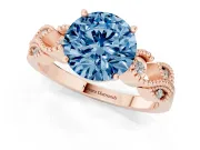 Fancy Blue Round Cut Diamond Milgrain Leaf Band Solitaire Ring Set in Rose gold with Accent Stones and Prong Setting