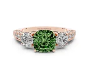 Fancy Green Cushion Cut Diamond Three-Stone Ring Set in Rose gold with Round Side Stones and Pavé Band
