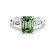 Fancy Green Emerald Cut Diamond Solitaire Ring Set in Platinum with Tapered Baguette Accents and Prong Setting