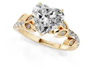 Heart Cut Diamond Solitaire Leaf-Inspired Ring Set in Yellow gold with Pavé Band and Prong Setting
