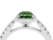 Fancy Green Emerald Cut Diamond Halo Engagement Ring Set in White gold with Pavé Band and Prong Setting
