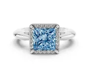 Fancy Blue Princess Cut Diamond Halo Engagement Ring Set in White gold with Plain Split Shank and Prong Setting