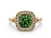 Fancy Green Cushion Cut Diamond Halo Engagement Ring Set in Yellow gold with Milgrain Pavé Band