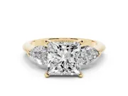 Princess Cut Three-Stone Engagement Ring Setting | Pear Side Stones | Yellow Gold