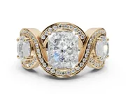 Radiant Cut Three Stone Halo Engagement Ring Setting | Pavé Wave Band | Yellow Gold