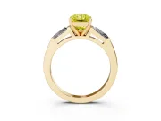 Fancy Yellow Radiant Cut Diamond Solitaire Ring Set in Yellow gold with Tapered Baguette Side Stones and Prong Setting