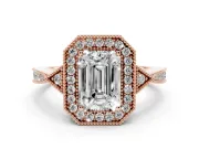 Emerald Cut Vintage Milgrain Halo Engagement Ring Setting | Graduated Pavé Band | Rose Gold