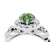 Fancy Green Marquise Cut Diamond Halo Ring Set in White gold with Scrollwork Band and Prong Setting