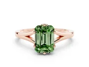 Fancy Green Emerald Cut Diamond Solitaire Ring Set in Rose gold with Polished Tapered Band and Prong Setting