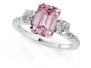 Emerald Cut Three Stone Engagement Ring Setting for a Fancy Pink Lab-Grown Diamond | Pave Shoulders | Sterling Silver