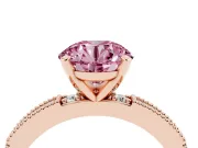 Fancy Pink Round Cut Diamond Solitaire Ring Set in Rose gold with Slim Pavé Band and Prong Setting