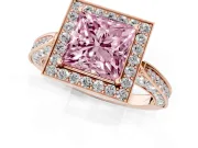 Princess Cut Milgrain Halo Engagement Ring Setting for a Fancy Pink Lab-Grown Diamond | Side Stones | Rose Gold