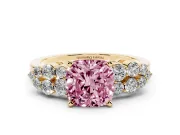 Cushion Cut Side Stone Engagement Ring Setting for a Fancy Pink Lab-Grown Diamond | Shoulder Clusters | Yellow Gold