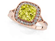 Fancy Yellow Cushion Cut Diamond Halo Engagement Ring Set in Rose gold with Milgrain Pavé Band