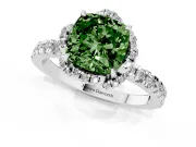 Fancy Green Cushion Cut Diamond Halo Pavé Band Ring Set in White gold with Prong-Held Center