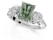 Radiant Cut Three Stone Engagement Ring Setting for a Fancy Green Lab-Grown Diamond | Tapered Pave Band | Platinum