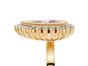 Fancy Pink Pear Cut Diamond Halo Ring Set in Yellow gold with Milgrain Edge and Round Prong Setting