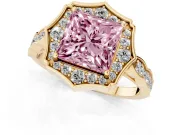 Princess Cut Vintage Scalloped Halo Engagement Ring Setting for a Fancy Pink Lab-Grown Diamond | Pave Band | Yellow Gold
