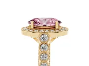Fancy Pink Oval Cut Diamond Milgrain Halo Solitaire Ring Set in Yellow gold with Bezel Set Side Stones and Pavé Band