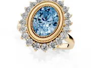 Fancy Blue Oval Cut Diamond Halo Ring Set in Yellow gold with Milgrain Edge and Round Prong Setting