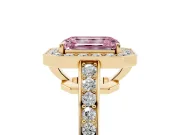 Fancy Pink Emerald Cut Diamond Halo Pavé Engagement Ring Set in Yellow gold with Bezel Setting