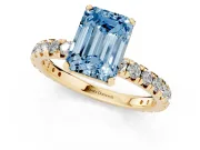 Fancy Blue Emerald Cut Diamond Pavé Solitaire Ring Set in Yellow gold with Round Band and Prong Setting