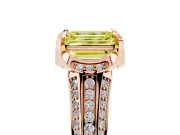 Fancy Yellow Emerald Cut Diamond Pavé Split Shank Solitaire Ring Set in Rose gold with Prong Setting