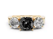 Cushion Cut Three Stone Engagement Ring Setting for a Black Center | Round Side Stones | Yellow Gold