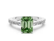 Fancy Green Emerald Cut Diamond Solitaire Engagement Ring Set in White gold with Delicate Pavé Band and Prong Setting