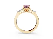 Fancy Pink Emerald Cut Diamond Solitaire Ring Set in Yellow gold with Tapered Baguette Accents and Prong Setting