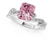 Fancy Pink Radiant Cut Diamond Solitaire Twisted Band Set in Platinum with Pavé Setting