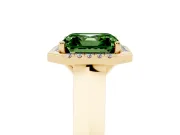 Fancy Green Asscher Cut Diamond Halo Ring Set in Yellow gold with Cathedral Band and Prong Setting