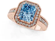 Fancy Blue Radiant Cut Diamond Halo Ring Set in Rose gold with Round Accent Halo, Pavé Band and Prong Setting