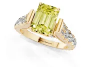 Fancy Yellow Emerald Cut Diamond Classic Solitaire Ring Set in Yellow gold with Pavé Band and Prong Setting