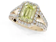 Emerald Cut Halo Pavé Engagement Ring Setting for a Fancy Yellow Lab-Grown Diamond | Narrow Split Shank | Yellow Gold