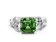Fancy Green Asscher Cut Diamond Floral Vine Solitaire Engagement Ring Set in Silver with Marquise Leaves