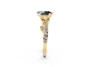 Fancy Black Pear Cut Diamond Solitaire Leaf-Inspired Ring Set in Yellow gold with Pavé Band and Prong Setting