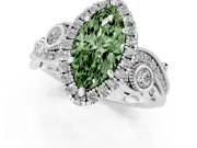 Fancy Green Marquise Cut Diamond Halo Ring Set in Silver with Milgrain Pavé Band and Prong Setting