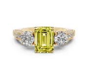 Emerald Cut Three Stone Engagement Ring Setting for a Fancy Yellow Lab-Grown Diamond | Graduated Pave Band | Yellow Gold