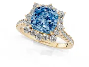 Cushion Cut Scalloped Halo Engagement Ring Setting for a Fancy Blue Lab-Grown Diamond | Single Row Pave | Yellow Gold