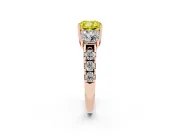 Cushion Cut Three Stone Engagement Ring Setting for a Fancy Yellow Lab-Grown Diamond | Accented Shoulders | Rose Gold