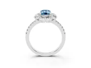 Fancy Blue Emerald Cut Diamond Floral Halo Ring Set in White gold with Round Pavé Band and Prong Setting