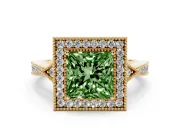 Fancy Green Princess Cut Diamond Halo Engagement Ring Set in Yellow gold with Milgrain Pavé Band