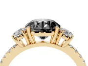 Fancy Black Round Cut Diamond Three-Stone Ring Set in Yellow gold with Pavé Band and Graduated Sides