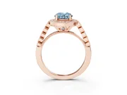 Fancy Blue Oval Cut Diamond Milgrain Halo Solitaire Ring Set in Rose gold with Bezel Set Side Stones and Pavé Band