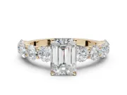 Emerald Cut Side Stone Engagement Ring Setting | Scalloped Prong Accents | Yellow Gold
